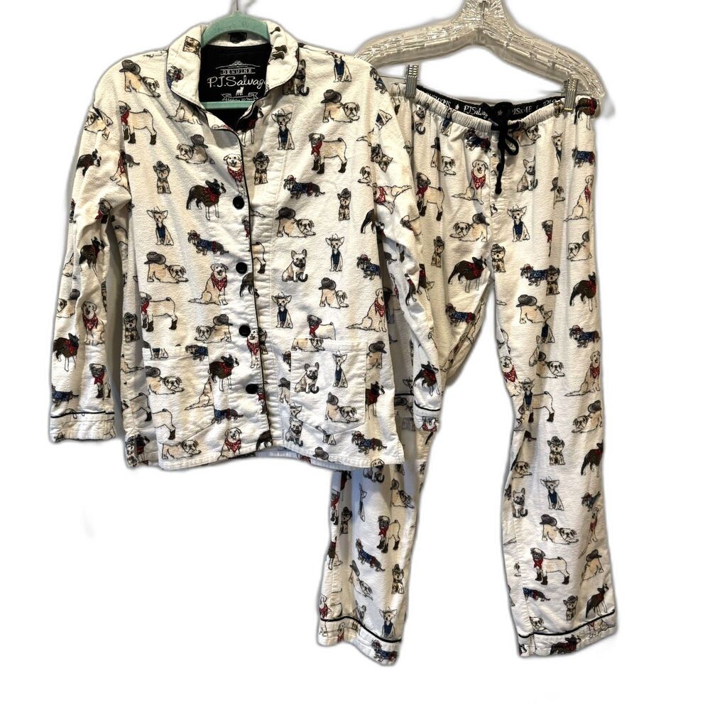 P.J. Salvage Pajama Set Dog Print Cotton Button Up PJ Drawstring Women Small